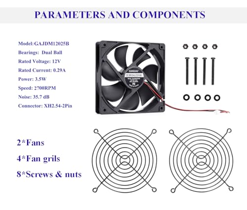 12025 Cooling Fan 120mm x 120mm x 25mm DC 12V 2Pcs Dual Ball Bearings Brushless 2Pin XH2.54 2700RPM