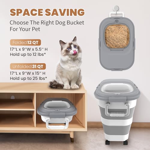 23-25Lbs Airtight Dog Food Storage Container,Collapsible Dog Food Container | Large Pet Food Storage Container with Lid,Wheels,Handle,Scoop,Small Cat Food Container for Dog Cat - color: Grey/25 LBS