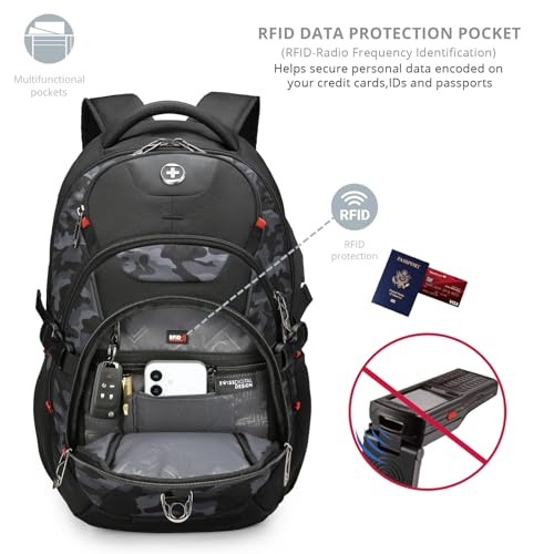 Swissdigital Design Laptop Backpack with USB Charging Port, Travel Backpack Fits 15.6 inches Computer, 31L College School Backpack for Men, Gray Camo | SD803-91 - color: Gray Camo