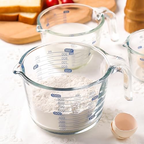Clear Glass Measuring Jug 3 Pack Kitchen Measuring Cups with Scale | With scale, matched egg beater & flour measurer, dishwasher safe. Sizes:250ml,500ml,1000ml - color: Transparent