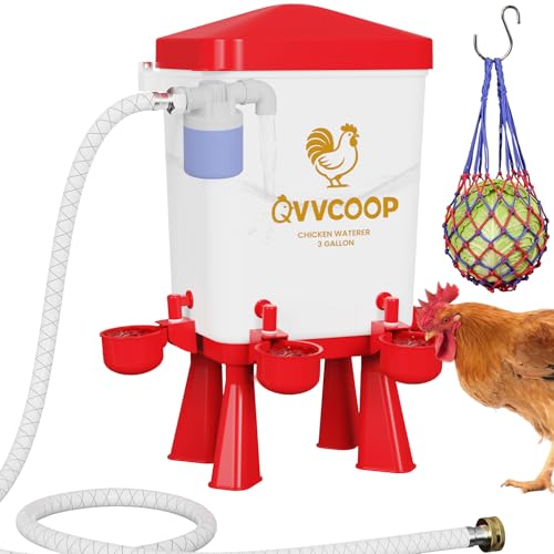 Automatic Chicken Waterer with Float Valve, Elevated Water Dispenser for Chicken, Float Controlled Poultry Watering Supplies, Standing/Hang Use, 3 Gallon, Red - color: Red