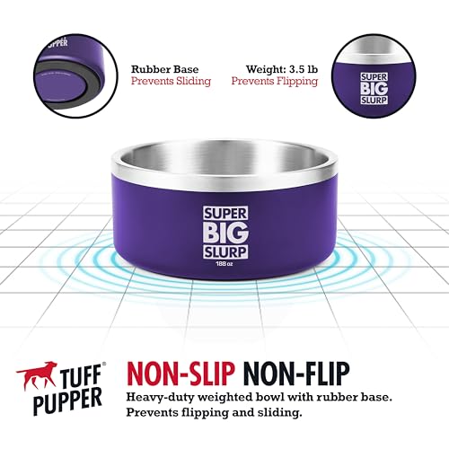 Tuff Pupper Heavy Duty Insulated Dog Bowl | Double Wall Stainless Steel Dog Food Dish | Non-Slip Spill Proof Dishwasher Safe Cat Bowl | Water Dish for Feeding Large Medium Small Pets (188oz, Purple) - color: Royal Purple, size: 188oz