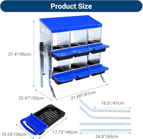 6-Hole Chicken Nesting Box with Removable Lid, Metal Chicken Coops with Roll Away Design/Easy Egg Collection/Ventilation Holes, for Chickens Coops, Duck and Hens - color: Blue, size: 6 holes with legs