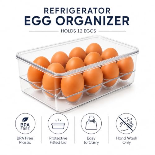 Dependable Industries inc. Essentials Stackable Plastic Egg Holder for Refrigerator with Lid – Clear 12 Count Fridge Egg Container, BPA Free Egg Storage Organizer Bin