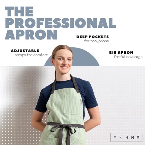 Chef Aprons for Women with Pockets, Adjustable Bib Aprons for Cooking - color: Sage Green Pinstriped
