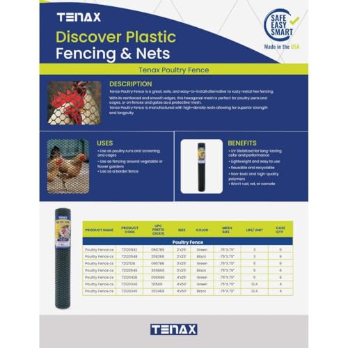 Tenax Poultry Fence - Green Plastic Poultry Fencing, Lightweight, Weather Resistant - 3-ft x 25-ft - Plastic - color: Green, size: 3-ft x 25-ft