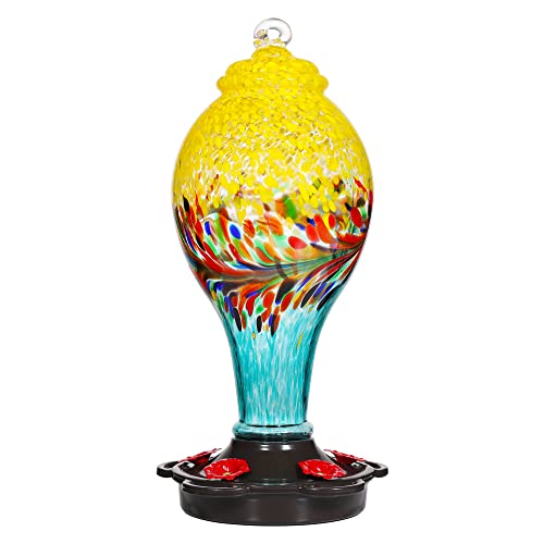 LUJII Hand Blown Glass Hummingbird Feeder for Outdoors with Ant Moat, Leak Proof & Rustproof,36 fl.oz, Metal Base Cover with 5 Feeding Ports & 5 Perches, Glass Art for Garden Decor (Blue Mixed Yellow) - color: Yellow, size: Large