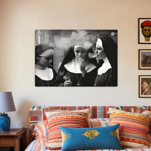 Black & White Nun Smoking Banner Wall Hanging,Vintage Catholic Wall Decor Modern Religious Nun Banner Flag Tapestry for Living Room Bedroom Hallway Office Restaurant Room Decorations,28.5×20 Inch - color: Multi 0660