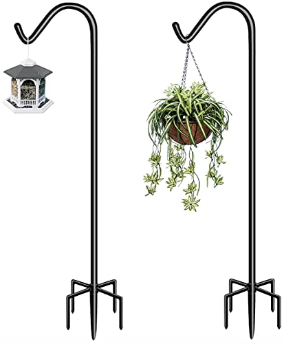 92 Inch Tall Shepherd Hooks with 5-Forked Base, Adjustable Heavy Duty Bird Feeder Pole Stand Hanger for Outdoor, Shiny Black, 2 Pack - size: 92 inch, style: 2pcs