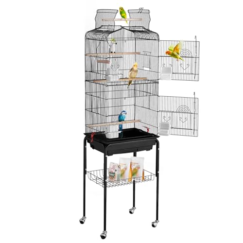 VEVOR 64-inch Open Top Large Parrot Bird Cage with Detachable Rolling Stand for Parakeets Finches Canaries Lovebirds Cockatiels Budgies Small Quaker Conures Flight Birdcage with Swing and Perch - size: 18.0"L x 14.0"W x 59.5"H