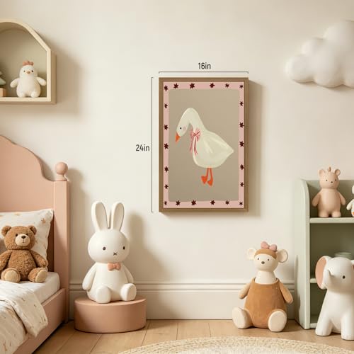 RLKHG Wood Framed Cute Goose Nursery Wall Art, Whimsical Goose with Bow Wall Decor, Pink Star Cottagecore Animal Poster Print, Sweet Farmhouse Kids Room Artwork for Girls Bedroom 16x24 Inch - color: CuteGoose, size: 24"L x 16"W