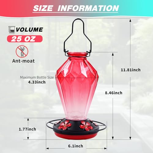 Glass Hummingbird Feeder for Outdoors Hanging, 25Oz Humming Bird Nectar Feeder, Perch, 5 Flower Feeding Ports, Leak Proof Base, Hook for Outside Garden Backyard, Gift for Women Mom, Diamond Red - color: Diamond Red