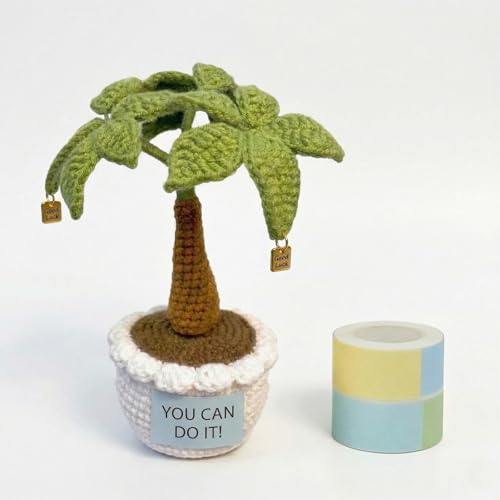 Emotional Support Crochet Money Tree with Sticky Notes Roll, Handmade Positive Desk Decor Plant with “Good Luck” Charms, 7 Inch Mini Office Home Ornament, Encouragement Gift for Coworkers, Friends