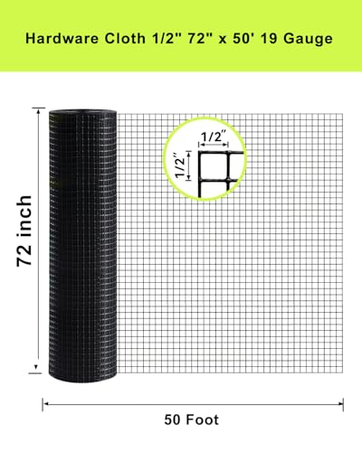 Black PVC Coated Hardware Cloth 1/2 in, 72 in x 50 ft Roll 19 Gauge | Welded Wire Fencing, Vinyl Coated Metal Wire Mesh for Chicken Coop, Garden Protection, Rabbit Cage, Poultry Netting - size: 1/2" x 1/2" 72" x 50'