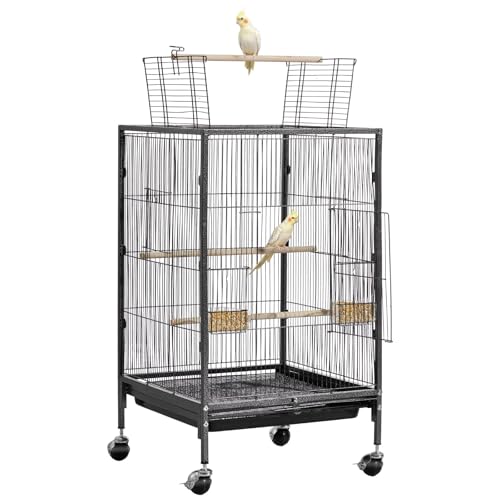VEVOR Bird Cage, 18 x 18 x 30 inch, Open Flat Top, Wrought Iron Bird Flight Cage with Perches, Slide-Out Tray and Plastic Feeders, Casters, for Parrot, Blue Tit, Cockatiel, Canary, Budgerigar, Conure - size: 18.0"L x 18.0"W x 30.0"H