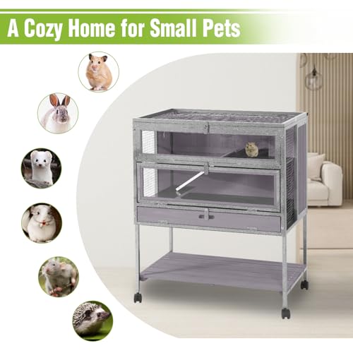 GUTINNEEN Guinea Pig Cage for Small Animals, Hamster Cage with Metal Iron Frame & Chew-Proof Aluminum Edges, 2-Story Small Animal Cage with Leak-Proof Tray, Hideout, and Storage Shelf, Black - color: Black and Gray
