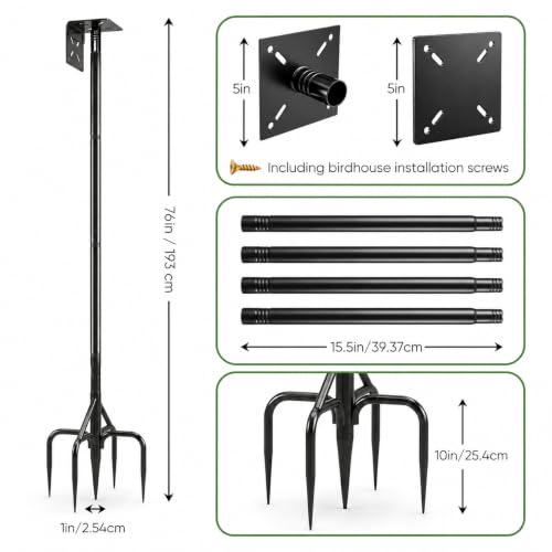 Bird Feeder Pole & Birdhouse Pole with Squirrel Baffle - 76 Inch Heavy Duty 1-Inch Diameter Metal Mounting Kit for Smart Bird Feeders, Patio & Garden (76in Pole) - size: 76in pole