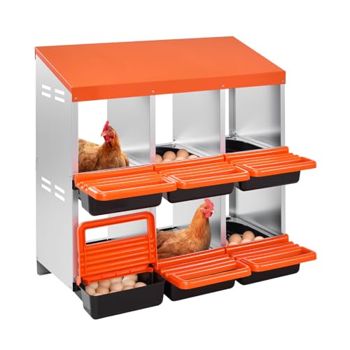 VEVOR 2 Tiers Chicken Nesting Boxes, 6 Compartments, Metal Egg Laying Boxes with Protective Collection Lids, Roll Out Nesting Box, Easy to Assemble, Ideal for Hens, Ducks, Chickens, and Other Poultry - size: 31.3"L x 20.6"W x 31.1"H