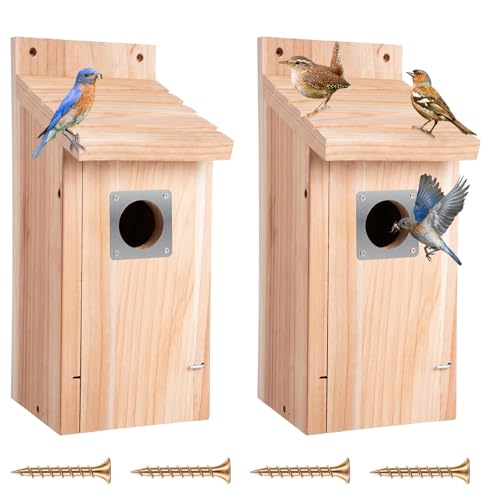 Dreyoo 2 Pack Bluebird Box Houses for Outside,1-1/2'' Entrance Hole Wooden Bird Houses with Metal Guard, Secure Latch,Fledgling Grooves,Air Vents for Bluebird Wren Swallow(Wood) - color: Wood