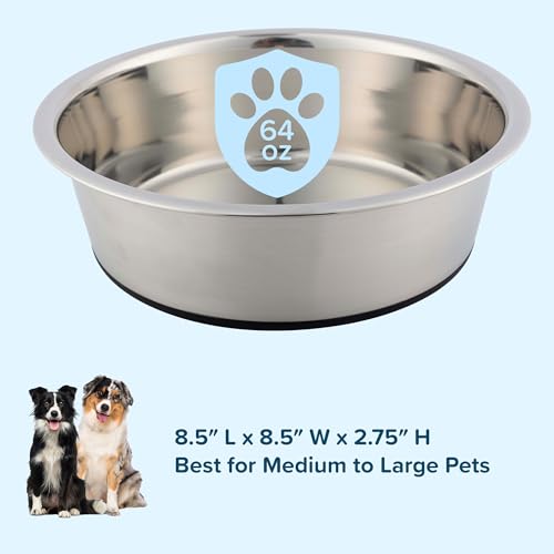 Set of 2 Stainless Steel Dog Bowls - 64oz/8 Cups Food and Water Bowls for Dogs and Cats - Non Slip Metal Pet Dishes for Medium to Large Sized Pets - Puppy Essentials by PETMAKER