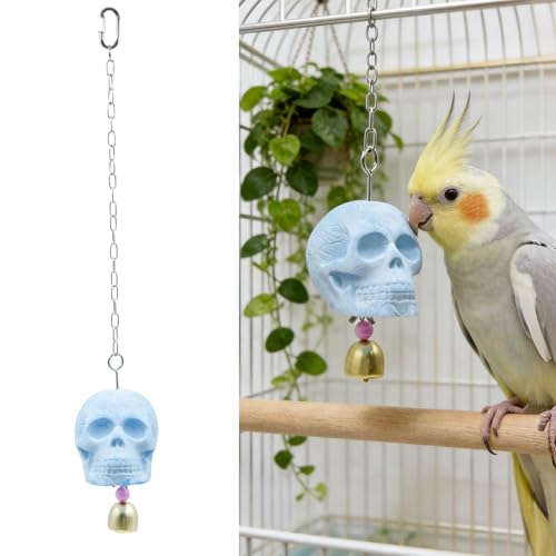 Skull Bird Toy - Natural Calcium Mineral Beak Grinder with Jingle Bell - Small Bird Cage Accessory for Parakeets, Budgies, Cockatiels, Lovebirds, Finches
