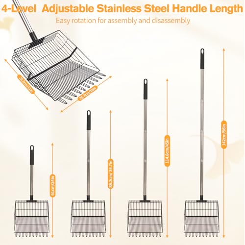 Reptilux Chicken Poop Scooper Adjustable Long Handle - Stainless Steel Sifter Shovel for Sand & Hemp Bedding - Metal Coop Scoop Rake - Chicken Accessories for Poultry, Dog & Cat Litter