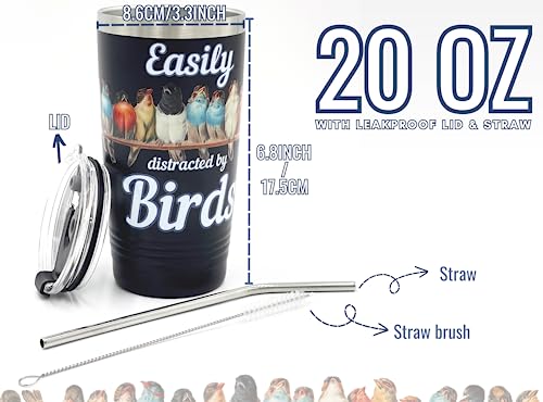 Onebttl Bird Watching Tumbler, 20oz Stainless Steel Insulated with Lid & Straw, Gift Card & Box Included, Perfect for Bird Lovers & Watchers, Birthday Gift - 360 Black - color: Black-Easily distracted by birds