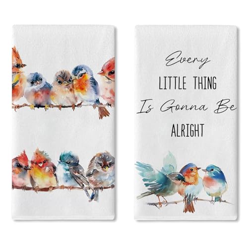 Inspirational Watercolor Birds Kitchen Dish Towels Set of 2 | Every Little Thing is Gonna Be Alright Drying Hand Towel, Spring Summer Cardinal Bluebird Bathroom Baking Cooking Cloth