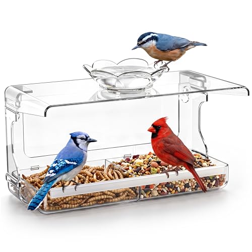 WENMIXER Window Bird Feeder with Non-Marking Self-Adhesive Hooks, Clear and Transparent, Outdoor Wild Bird Watching Gift, Garden Decor (Standard) - style: Standard