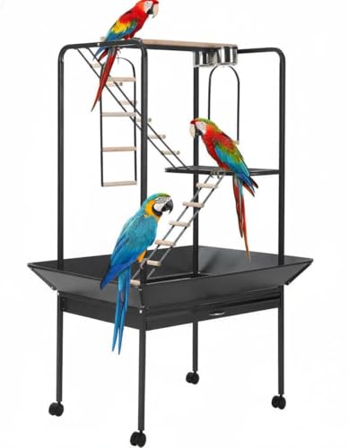 Garvee 64'' H Inch Birdcage Stand Play Center with Perches and Ladders | Indoor Outdoor Playground for Birds, Bird Playstand w/Rotated Ring Removable Tray, Lockable Caster, for Macaw and Parakeet - size: 64'' H