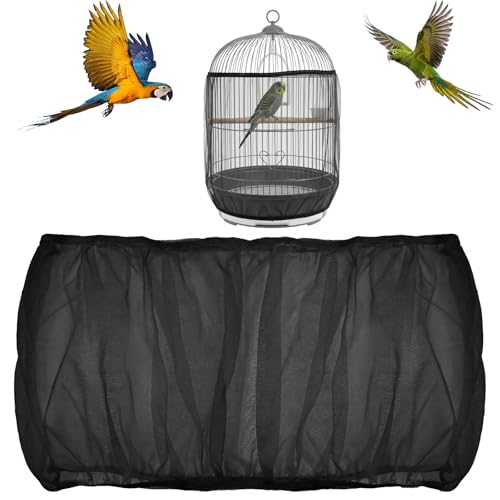 Adjustable Bird Cage Seed Catcher, Black Bird Cage Net Birdcage Cover Skirt Nylon Mesh Netting, Stretchy Birds Cages Guard for Parrot Parakeet Macaw African Any Cages Cover