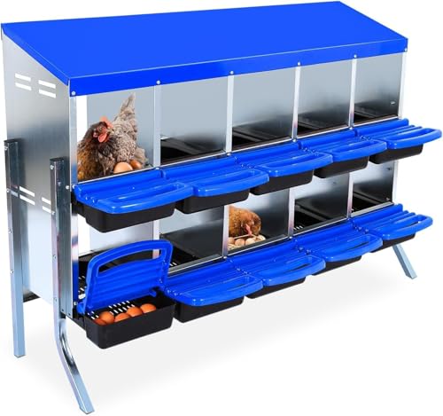 10-Hole Chicken Nesting Box with Removable Lid, Metal Chicken Coops with Roll Away Design/Easy Egg Collection/Ventilation Holes, for Chickens Coops, Duck and Hens - color: Blue, size: 10 holes with legs