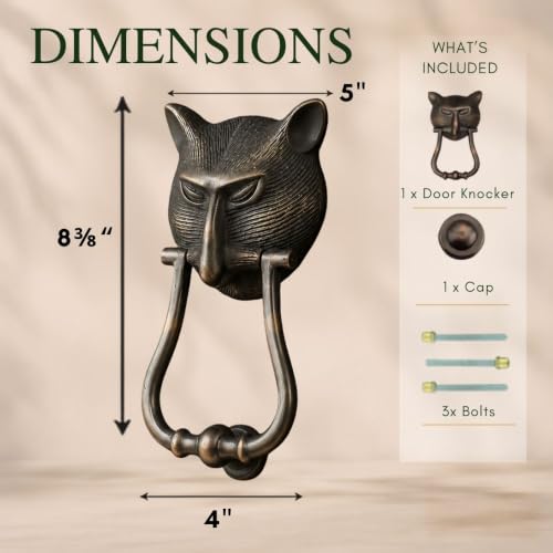 Brass Pharaoh Cat Head Front Door Knocker 8.4" H Oil Rubbed Bronze Finish Loud Entry Door Metal Knockers for Animal Cat Lovers Includes Mounting Hardware Renovators Supply Manufacturing - color: Bronze Cat head