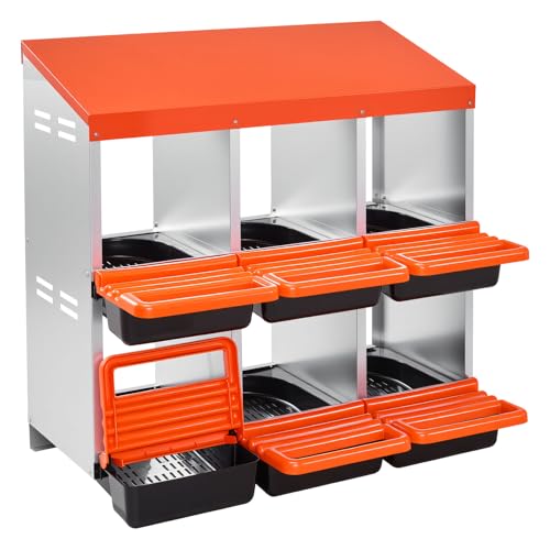 VEVOR 2 Tiers Chicken Nesting Boxes, 6 Compartments, Metal Egg Laying Boxes with Protective Collection Lids, Roll Out Nesting Box, Easy to Assemble, Ideal for Hens, Ducks, Chickens, and Other Poultry - size: 31.3"L x 20.6"W x 31.1"H