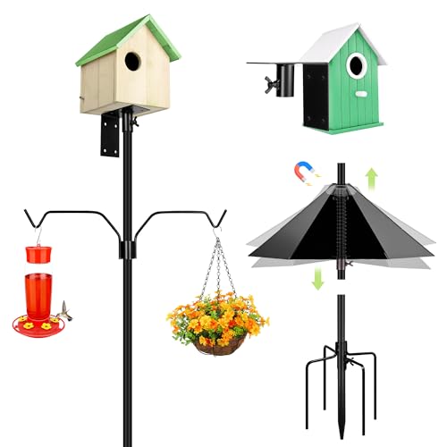 YINGYM Bird House Pole for Outdoors with Metal Squirrel Baffle, 95 Inch | Adjustable Bird Feeder Stand Pole with 2-Hooks for Hanging, Heavy Duty Metal Mounting Kit for Garden, Backyard and Patio - size: 95 inch with baffle