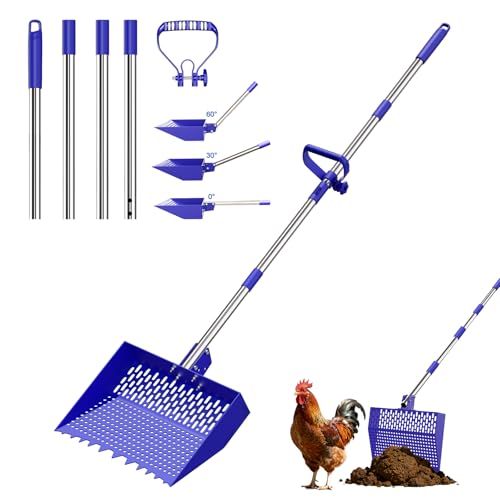 2-in-1 Chicken Poop Scooper & Rake 12-Inch Large Metal Shovel Head Adjustable Stainless Steel Handle (24 to 64") Litter Sifting Shovel Cleaning Tools for Chicken Run, Animal Farm (Blue) - color: Blue