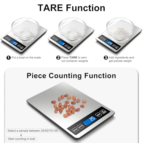 Fuzion Food Scale, 22lb/0.1oz Digital Kitchen Scale - 7 Units, Tare & PCS | Rechargeable Power, Tempered Glass & Stainless Steel - Digital Food Scale Grams and Ounces for Baking, Cooking, Weight Loss - color: Silver Blue