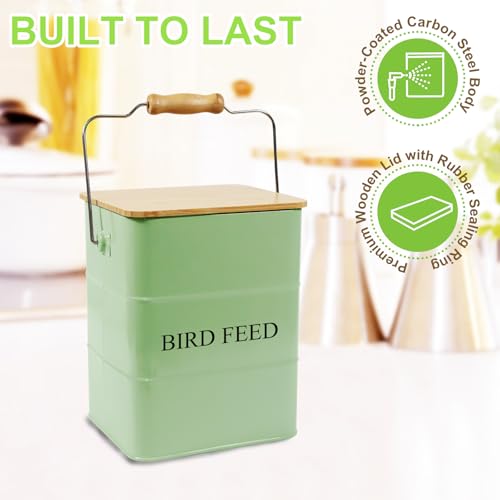 Metal Bird Seeds storage container,Outdoor Bird Container Canister, Pet Food Bin with Wooden Lid/Handle/Food scoop,hold 5-6 Lbs of Wild Bird Seed Sunflower Seed-Preventing Squirrels-Green - color: Green