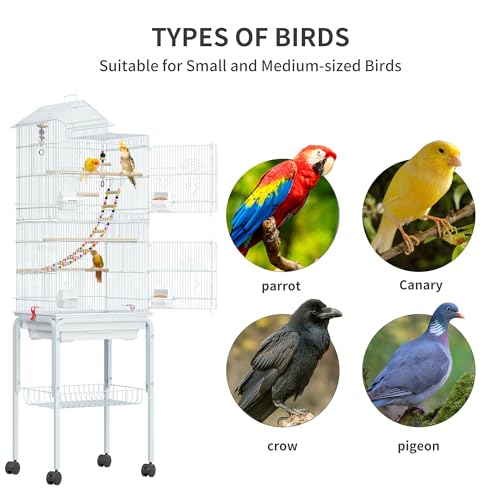 YITAHOME 62 inch Metal Bird Cage, Large Parakeet Cages | Bird Cage for Parrot, Cockatiel, Lovebird, Pigeon with Roof Top, Rolling Stand and Hanging Accessories, White - color: White