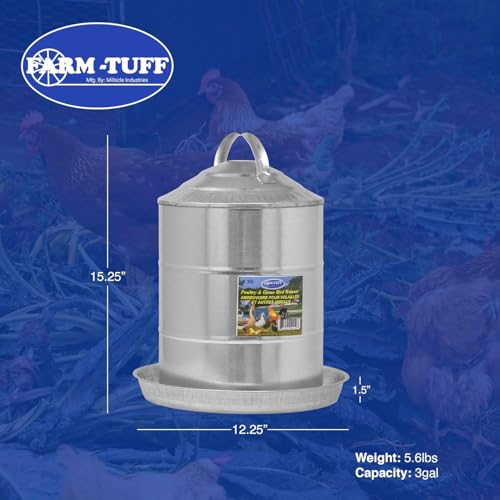 FARM-TUFF Galvanized Poultry Waterer, 3 Gallon Capacity - Double-Wall Poultry Fountain with Cone Top - Automatic Gravity-Fed Water Dispenser for Chickens, Ducks & Game Birds - size: 3 Gallon Capacity