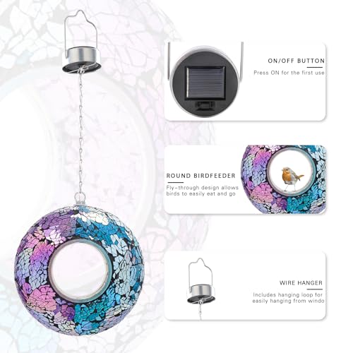 VCUTEKA Mosaic Bird Feeders, Solar Fly Through Birdfeeder for Garden Decor | 8" Mosaic Bird Feeder for Outside Hanging Round Shape Glass Container to Attract Wild Bird Feeders for Garden Bird Lovers - color: Blue&Purple