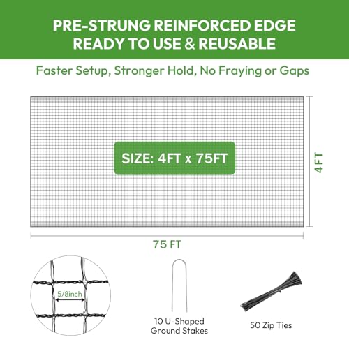 Deer Fence Netting 4ft x 75ft, Heavy Duty Plastic Mesh Deer Netting with Pre-Strung Reinforced Edge, Reusable Temporary Garden Fence, Animal Barrier for Yard, Poultry & Pets, Protect Plants & Crops - size: 4ft X 75ft