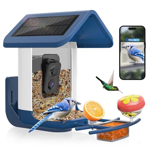 Bird Feeder with Camera Solar Powered : Smart Camera Bird Feeder 2K Live Feed Cam for Outdoor Backyard - Ai Identify Auto Capture Videos Pictures, Gifts for Birdlover Mom Dad, 2.6GHz WiFi - color: White Blue