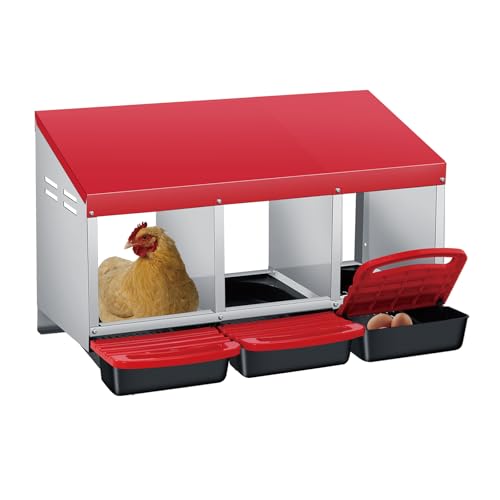 Chicken Nesting Box 3-Compartment Roll-Out with Pull-Out Trays, Egg Nesting Boxes for Hens, Chicken Coop Laying Box,Easy Wall Mounting with Metal Legs - color: red, size: 3 holes