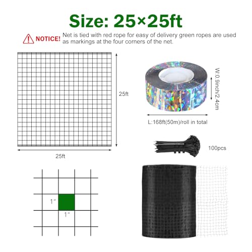 Poultry Netting 25x25 ft, 1" Square Mesh Heavy Duty Chicken Run Net, Garden Netting to Protect Plants, Fruit Trees, Vegetables from Birds, Deer, Pests & Animals for Farm, Orchard, Coop - size: 1 inch mesh - 25 x 25 ft