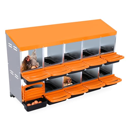 2-Tier Chicken Nesting Box, 10 Compartment Metal Nesting Box for Chickens with Waterproof Roof, Non-Slip Stable Base, Heavy Duty Chicken Laying Boxes for Hens, Poultry - color: Orange, size: 10 holes