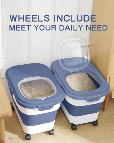 20-30 Lbs Rice Storage Container,Collapsible Food Storage Container | Flour Storage Container with Wheels Airtight Locking Lid,Rice Container Double Seal,Keep Fresh for Pet Food,Rice,Flour - color: Dark Blue/20-30LBS