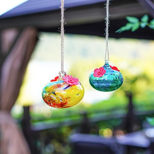 Pack 2 Blown Glass Hummingbird Feeders for Outdoors Window Hanging | Ant and Bee Proof - color: Color-3