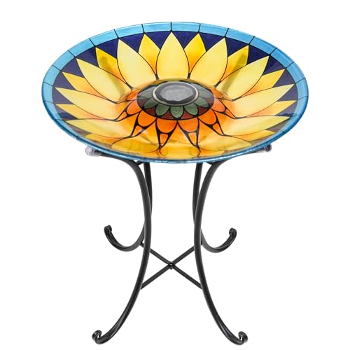 MUMTOP Outdoor Glass Bird Bath Solar Birdbath with Metal Stand Garden Decor | 18" Diameter 21.65" Height Outdoor Bird Baths for Lawn Yard Decor, Solar Large Birdbath Sunflower Bird Feeder - color: Yellow