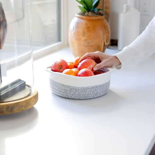 NaturalCozy 5-Piece Round Woven Cotton Rope Storage Baskets for Organizing, Small Shallow Nesting Set for Montessori Toys, Entryway Catchall, Fruit Bowl, Key Tray, Remote Holder, Nursery & Pet Toys - color: Off White & Mixed Gray